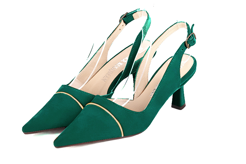 Emerald green and gold women's slingback shoes. Pointed toe. Medium spool heels. Front view - Florence KOOIJMAN